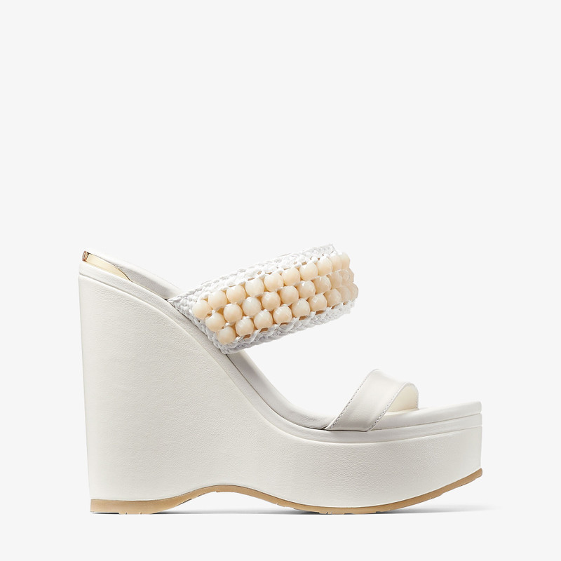 Amoure Wedge 130 Latte Nappa Leather Wedge Sandals with Beaded Raffia - 1