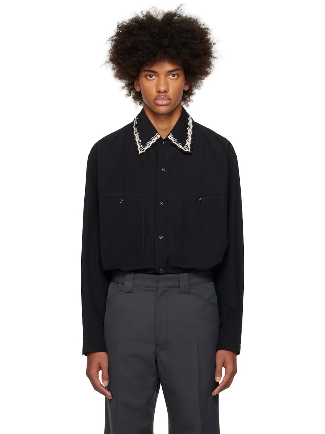 Black Embroidered Collar Shirt - 1