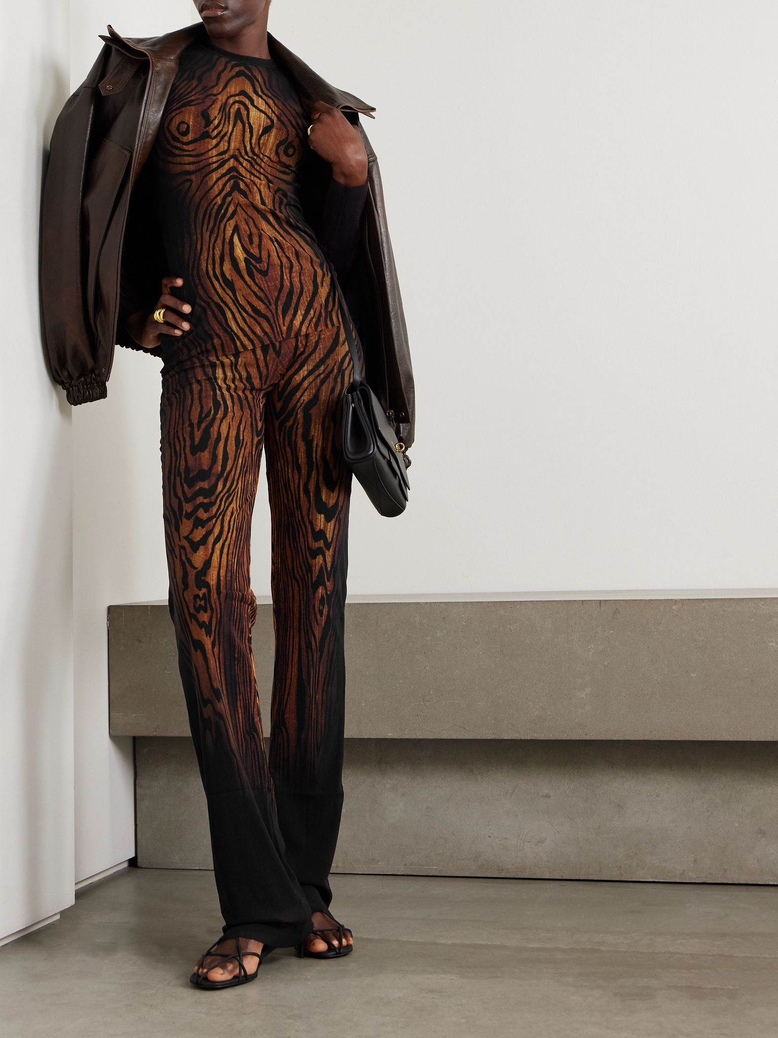 Printed mesh straight-leg pants Brown - 2