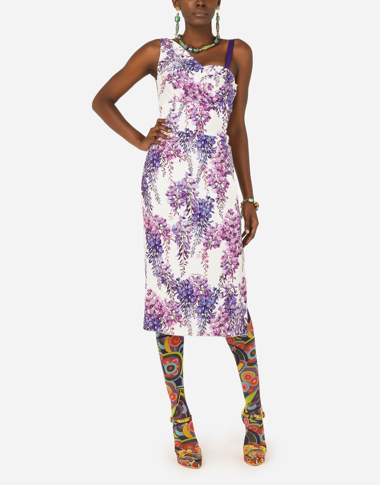 Wisteria-print one-shoulder calf-length cady dress - 6