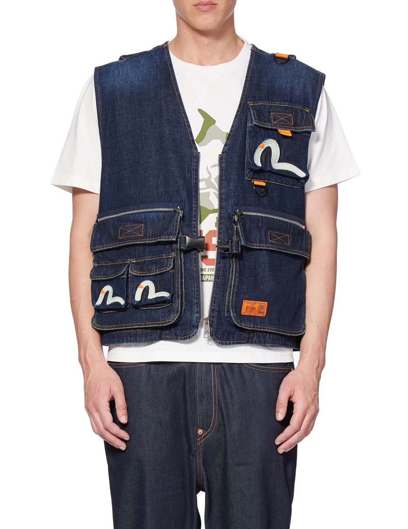 SEAGULL EMBROIDERED MULTI-POCKET DENIM VEST 3