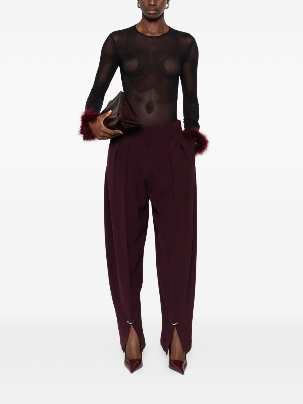 mesh-panel feather-cuff top - 2