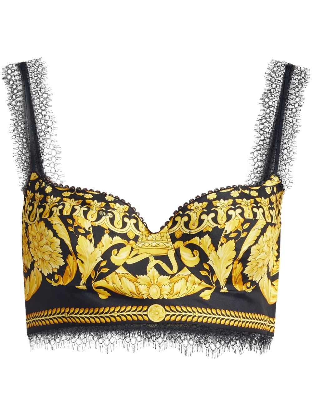 VERSACE Lace-trimmed printed silk-twill bralette