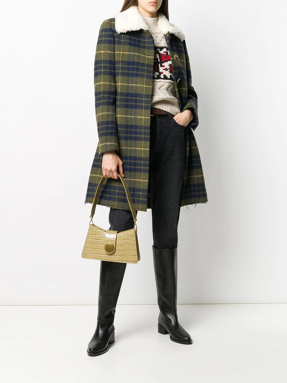 check-pint shearling-collar coat - 2