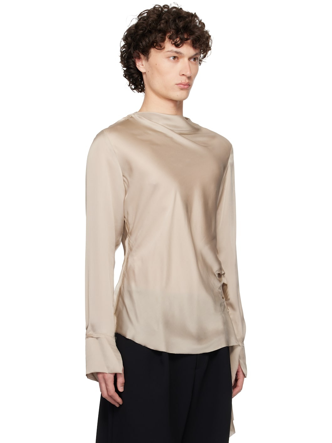 Taupe Draped Neck Long Sleeve Silk Blouse - 2