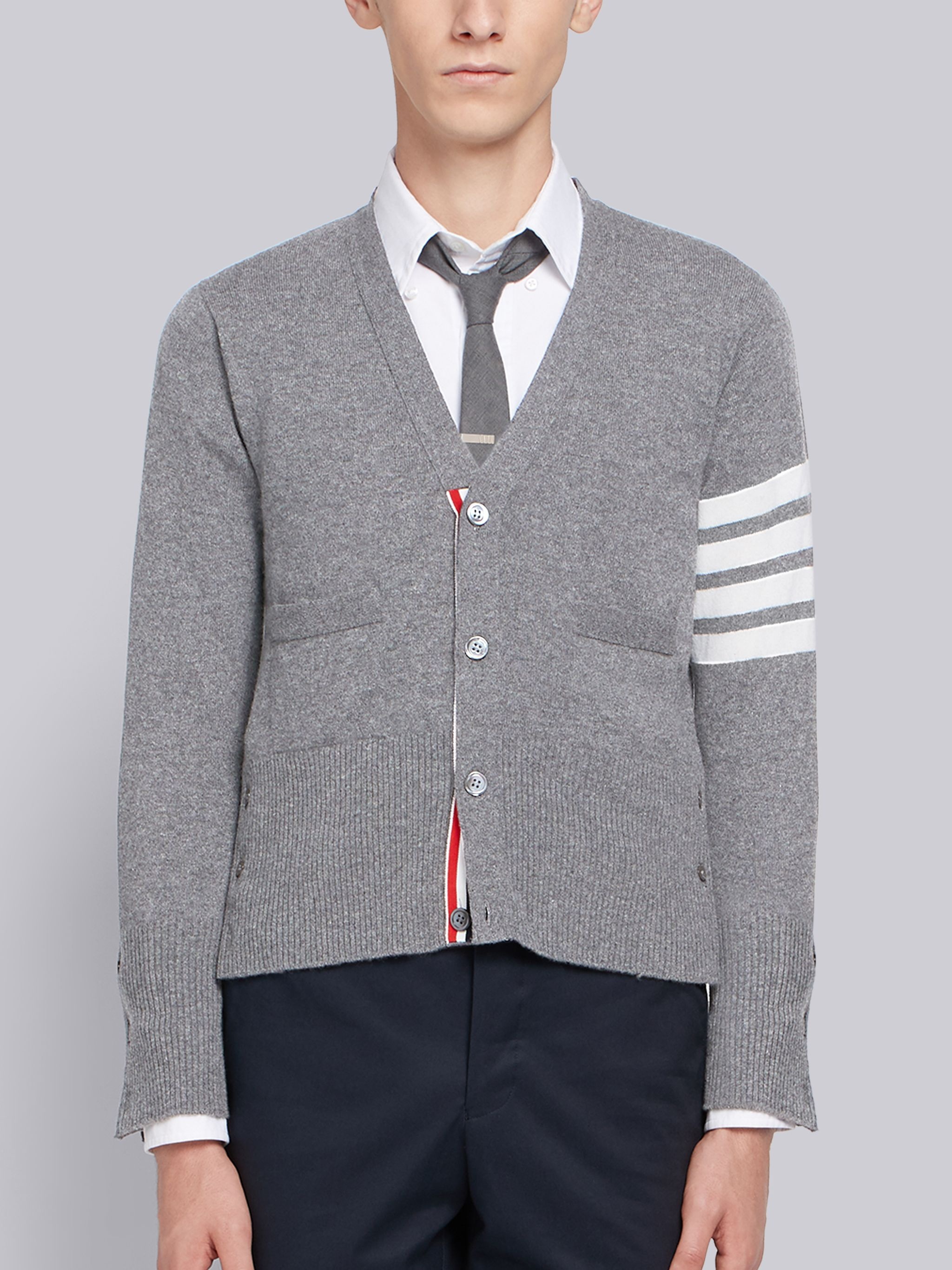 Light Grey Cashmere V-neck 4-Bar Cardigan - 1