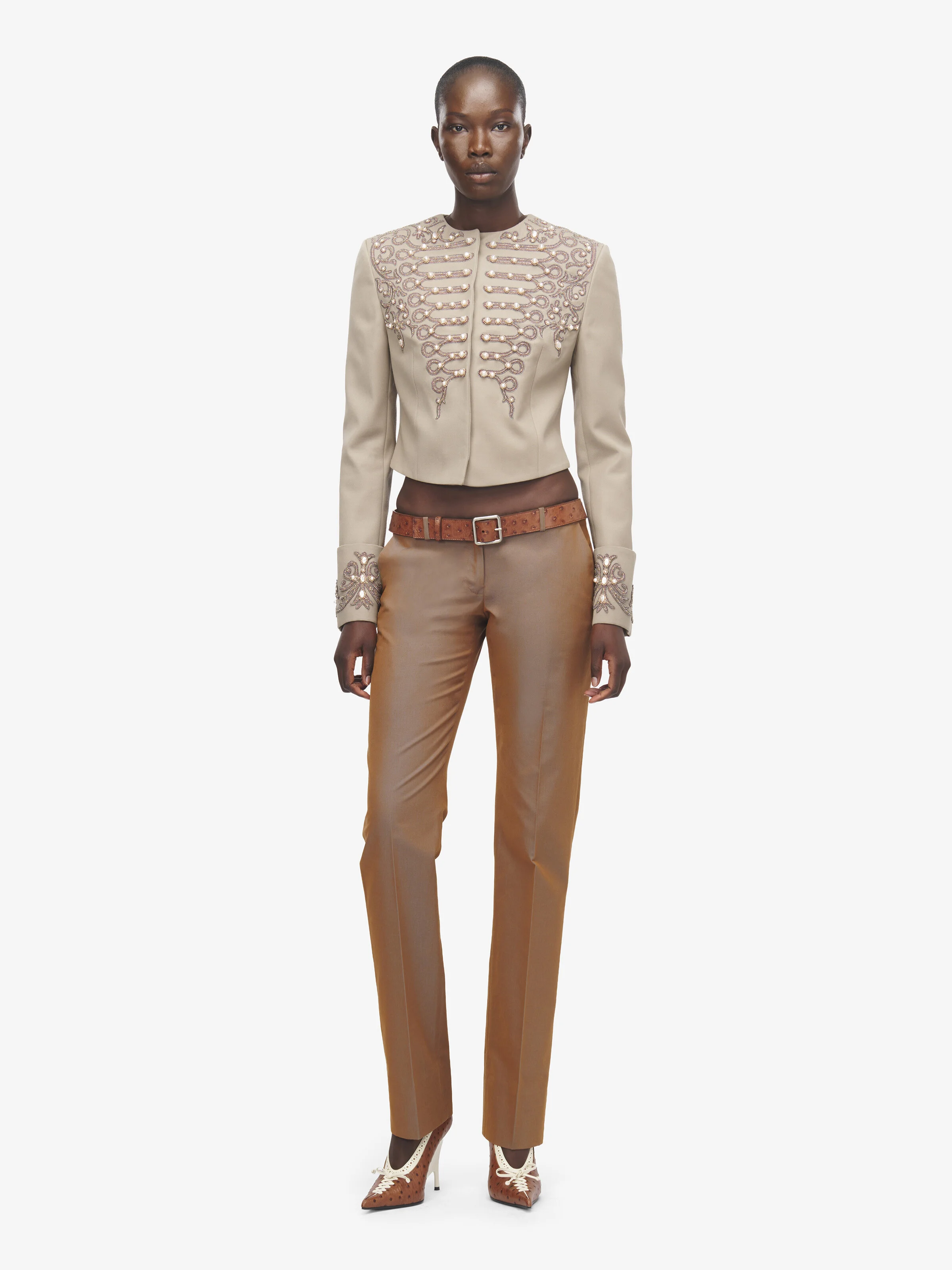 Women's Beaded Frogging Cropped Jacket in Beige - 1
