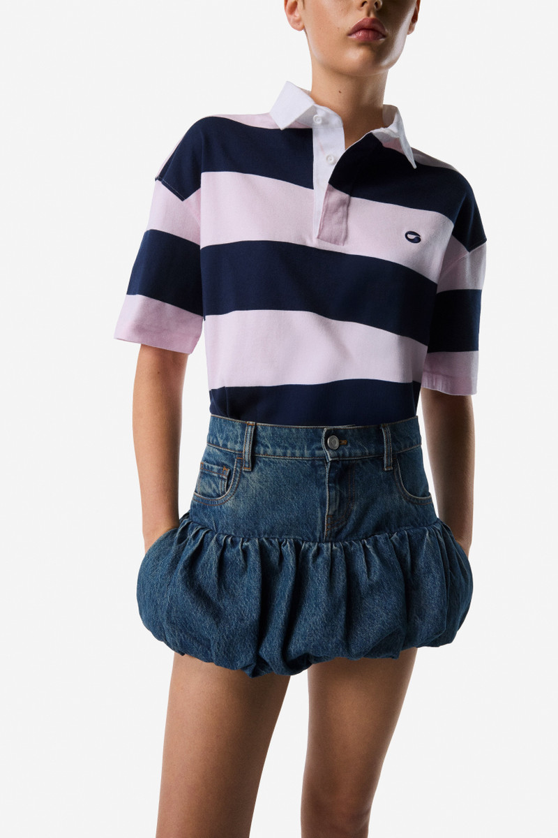 Gathered Hem Denim Mini Skirt - 1
