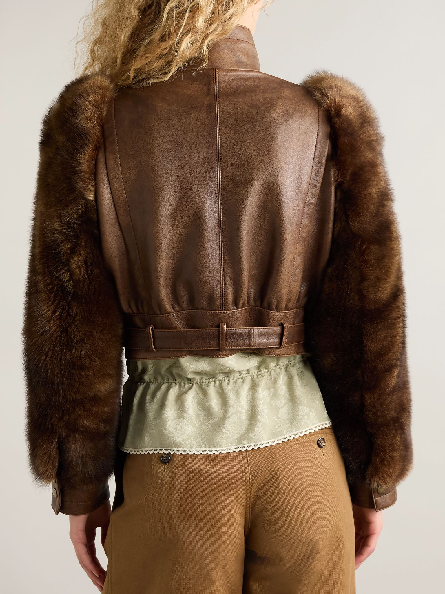 Cropped shearling-trimmed leather jacket Dark brown - 4