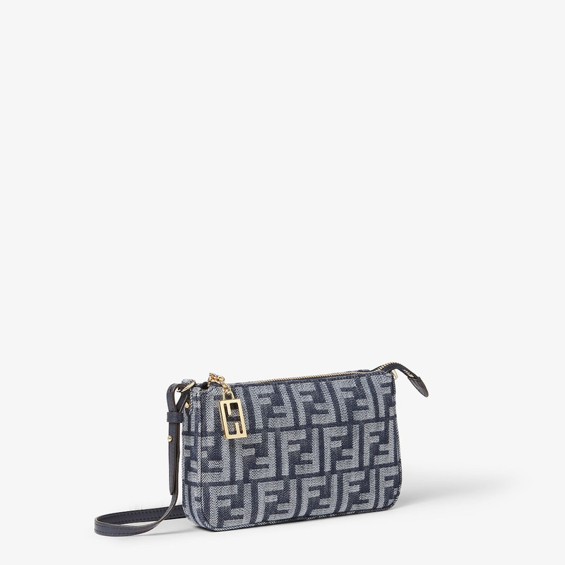 Baguette Pouch Blue denim-effect FF jacquard charm pouch with chain 3