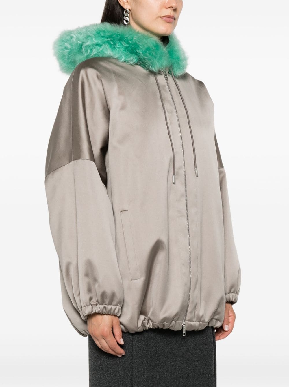 shearling-trim satin hooded jacket - 3