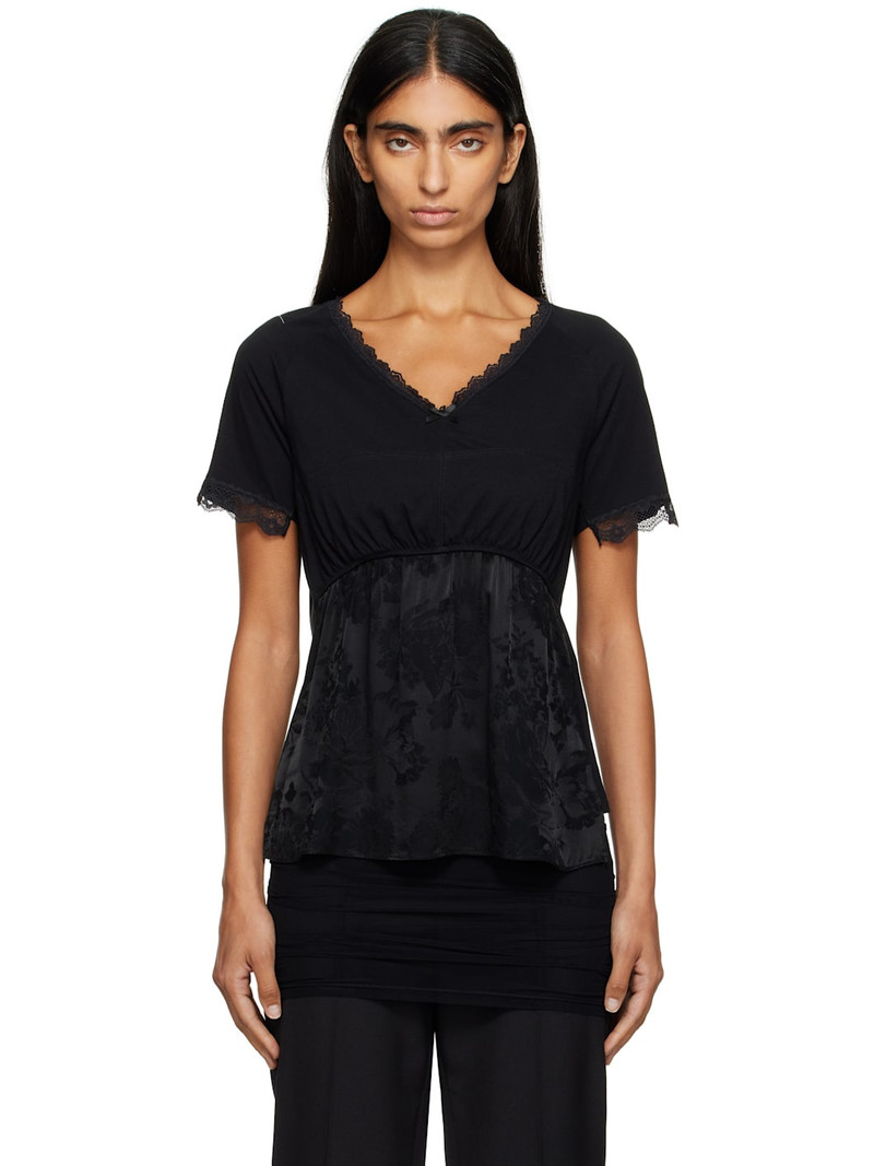 Black Cotton Jersey & Lace T-shirt 1