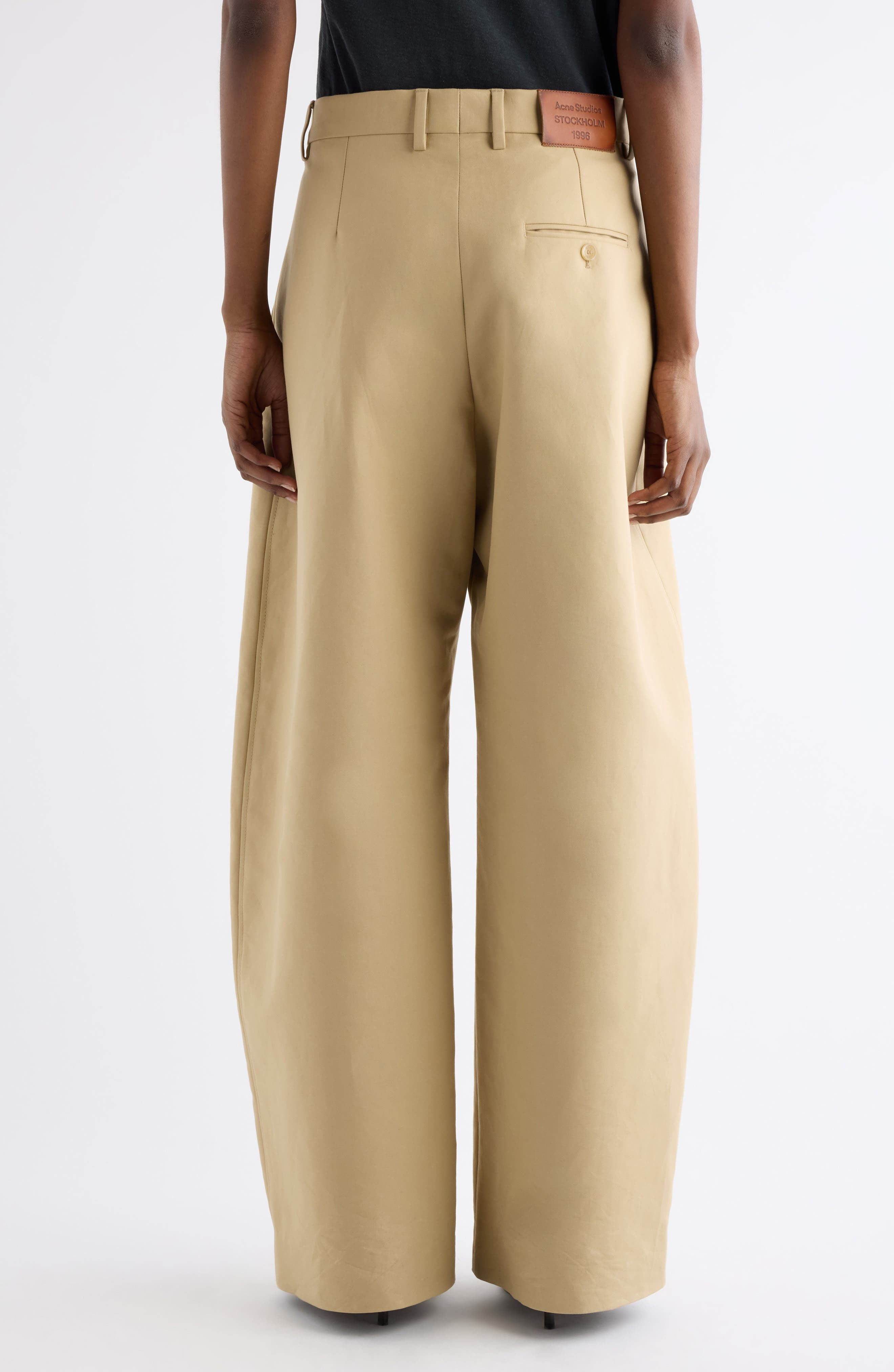 Acne Studios Pommy Tailored Organic Cotton Satin Wide Leg Trousers in Beige at Nordstrom - 3