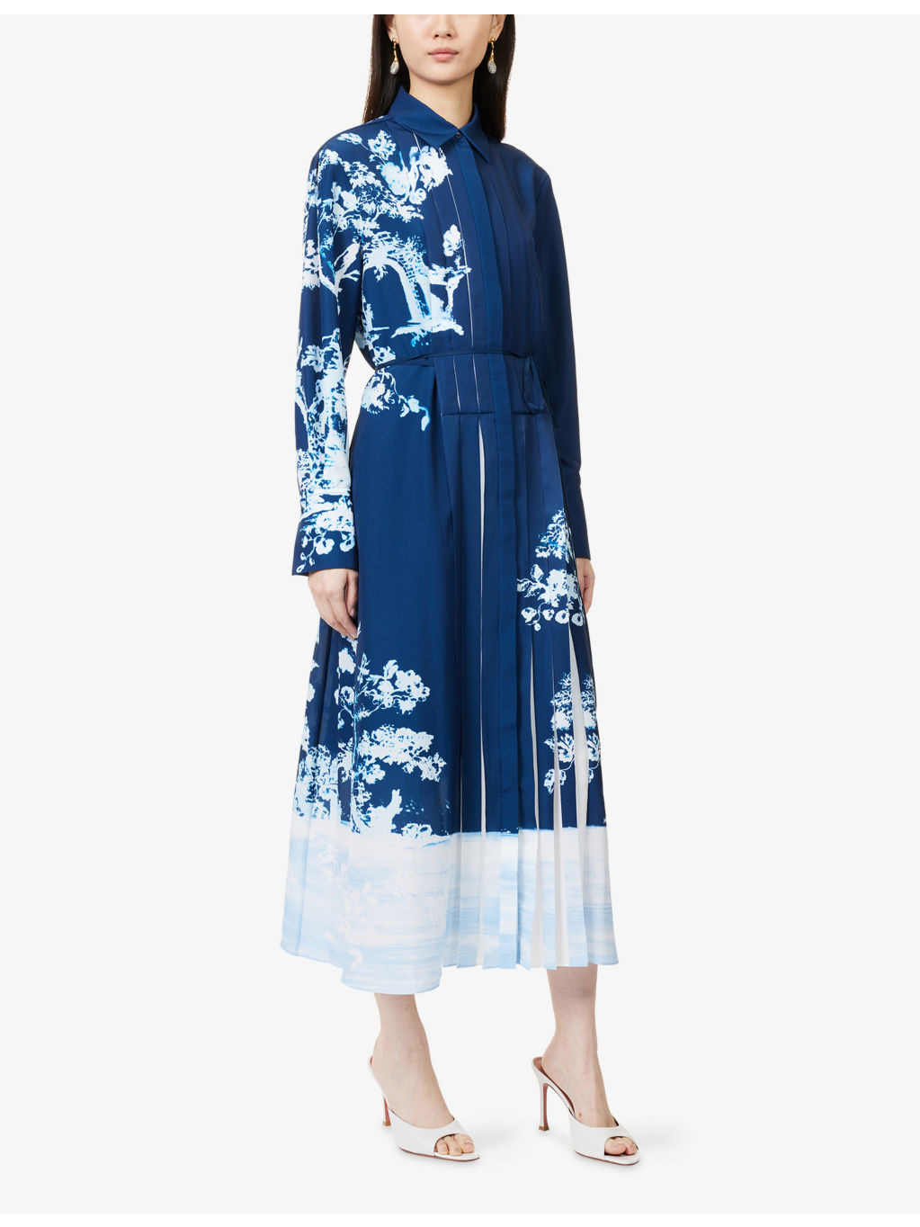 Long-Sleeve Floral-Print Crepe-du-Chine Midi Shirt Dress - 3