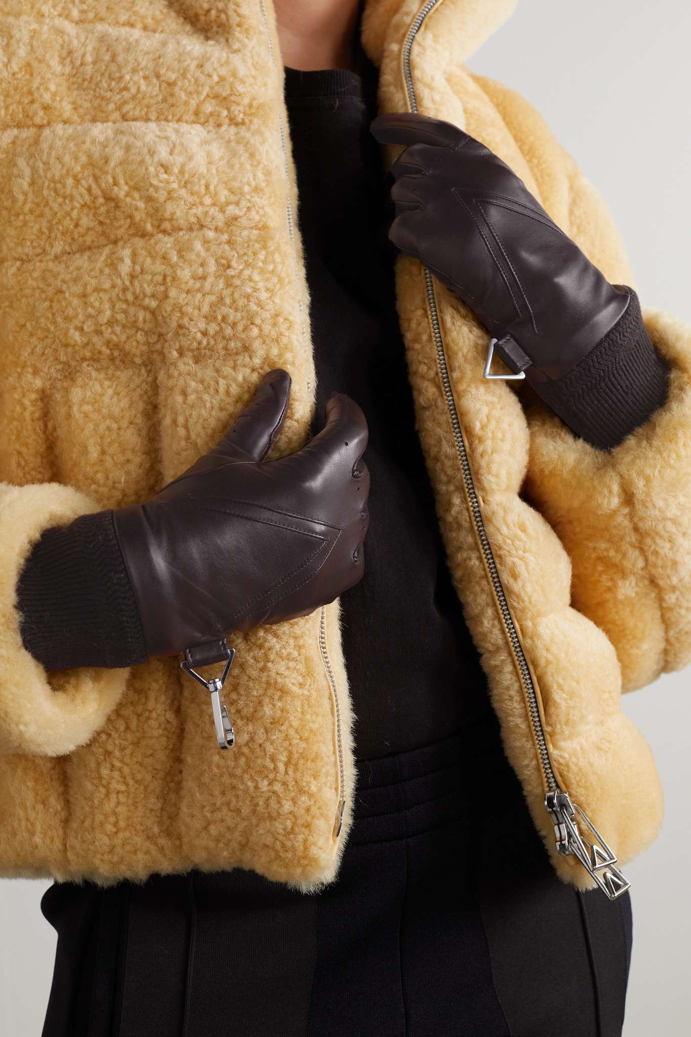 Leather and ribbed cashmere gloves - 2