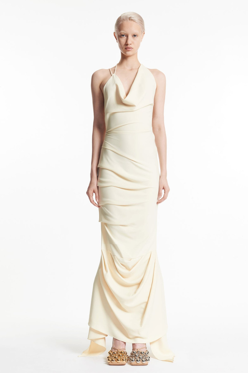 FITTED ASYMMETRIC DRAPED DRESS IVORY 1