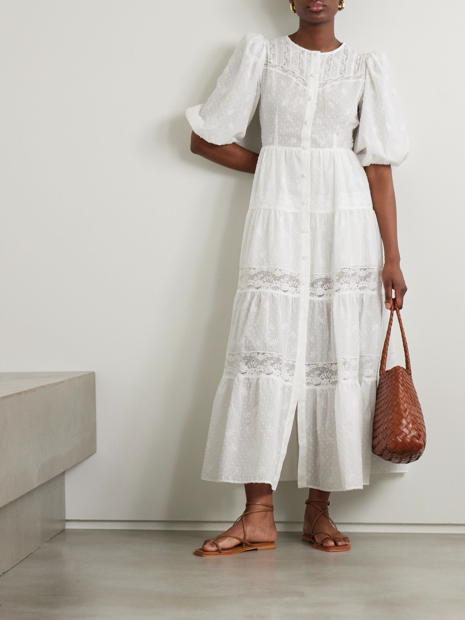 Poppi lace-trimmed tiered broderie anglaise cotton maxi dress White - 2
