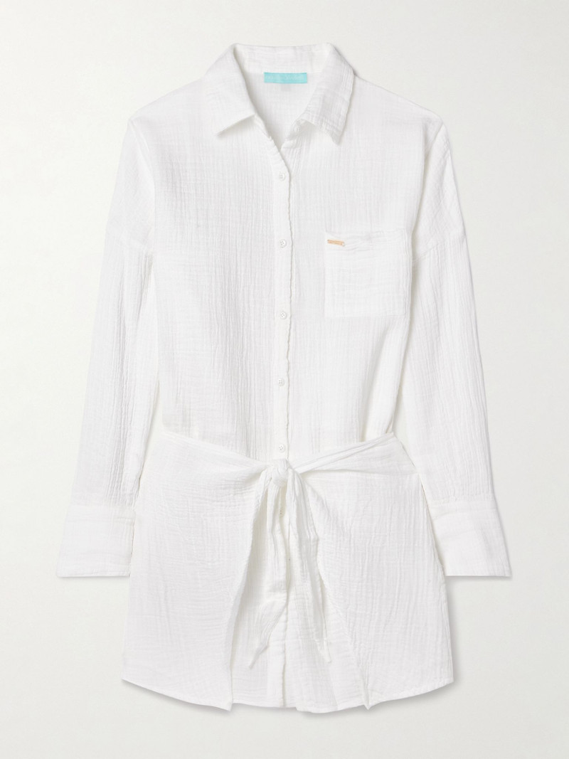 Sara tie-front crinkled cotton-gauze mini shirt dress White - 1