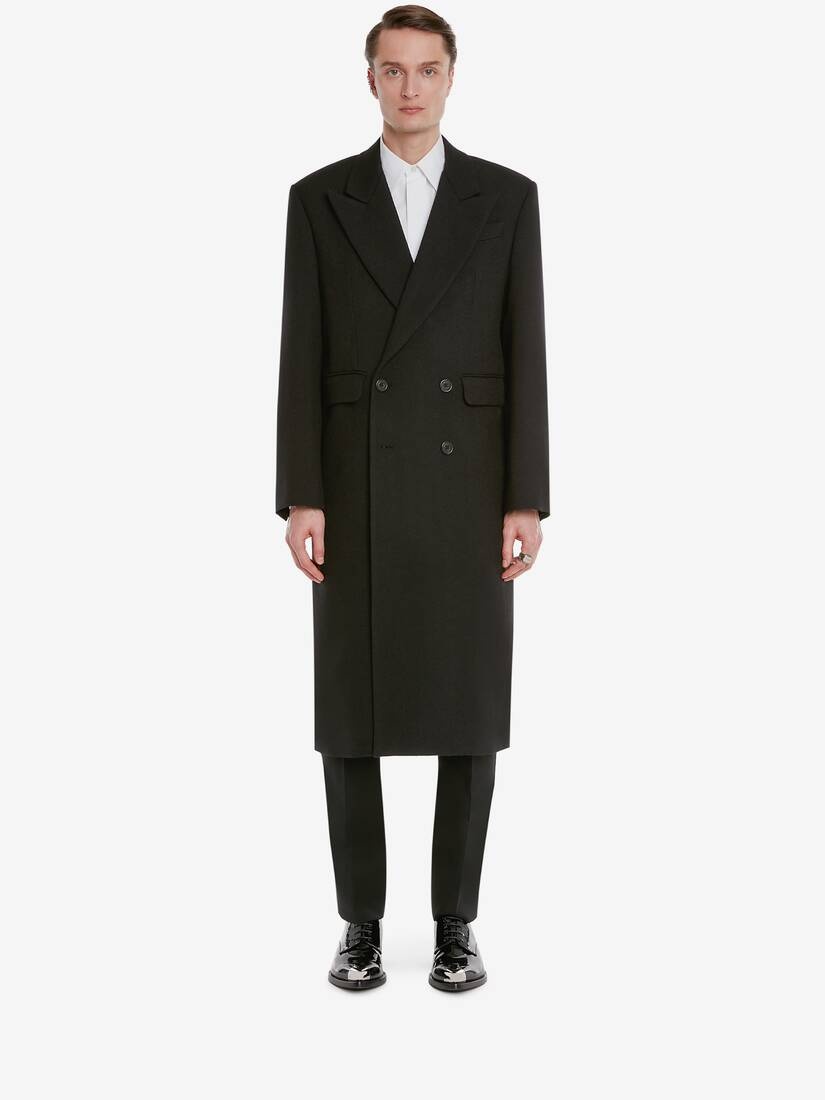 Men's Wool Hopsack Double-breasted Coat in Black - 2