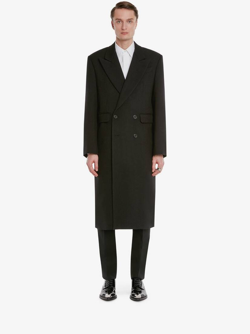 Alexander McQueen Men's Wool Hopsack Double-breasted Coat in Black outlook