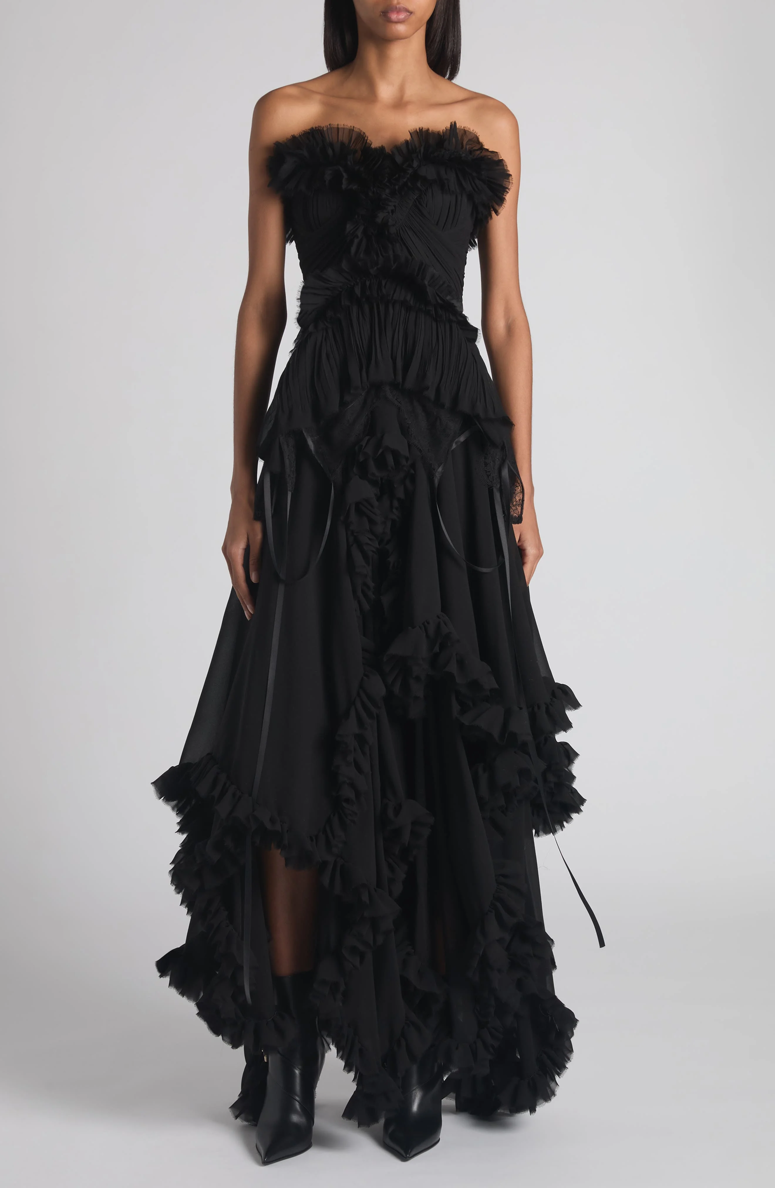 McQueen Tiered Ruffle Strapless Silk Georgette Gown in Black at Nordstrom - 1