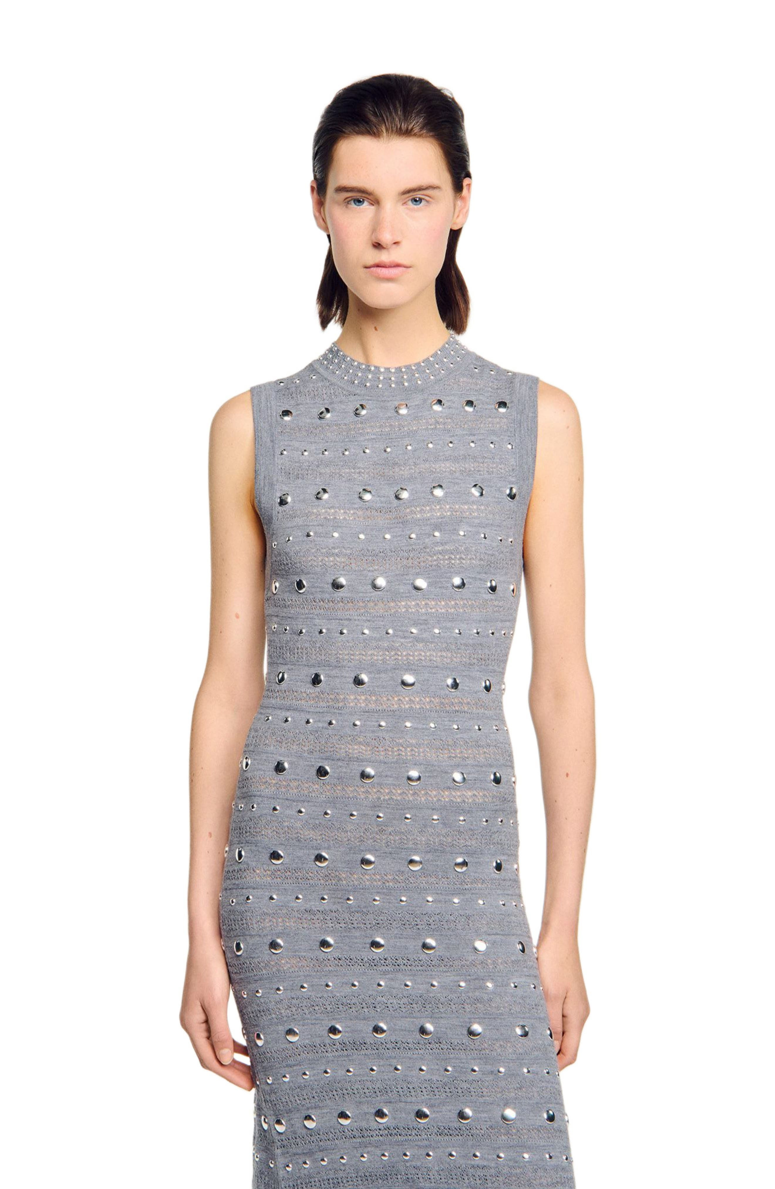 SANDRO Knit maxi dress with studs in Grey at Nordstrom - 3