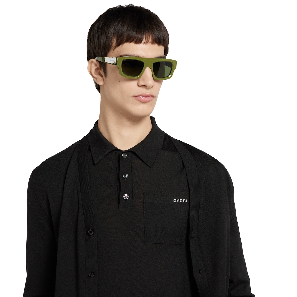 Fine wool knit polo top with intarsia - 5