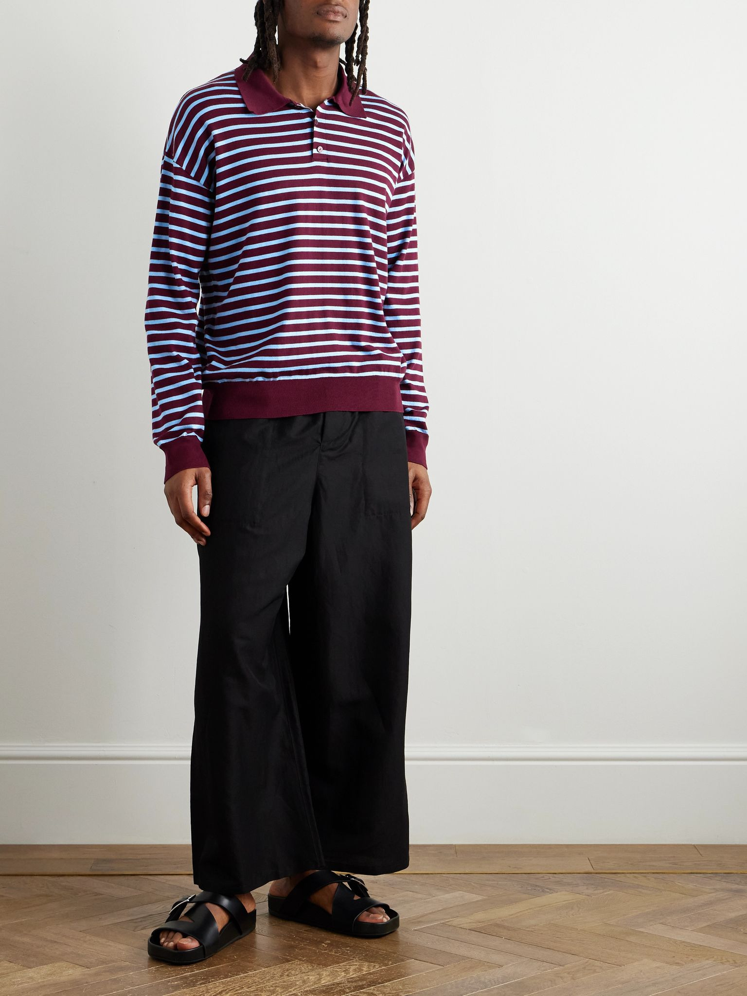 + Paula's Ibiza Striped Cotton-Blend Polo Shirt Burgundy - 2