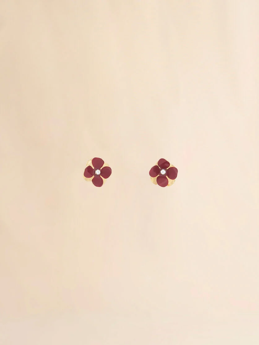 BURGUNDY ENAMEL FLOWER STUD EARRINGS - 1