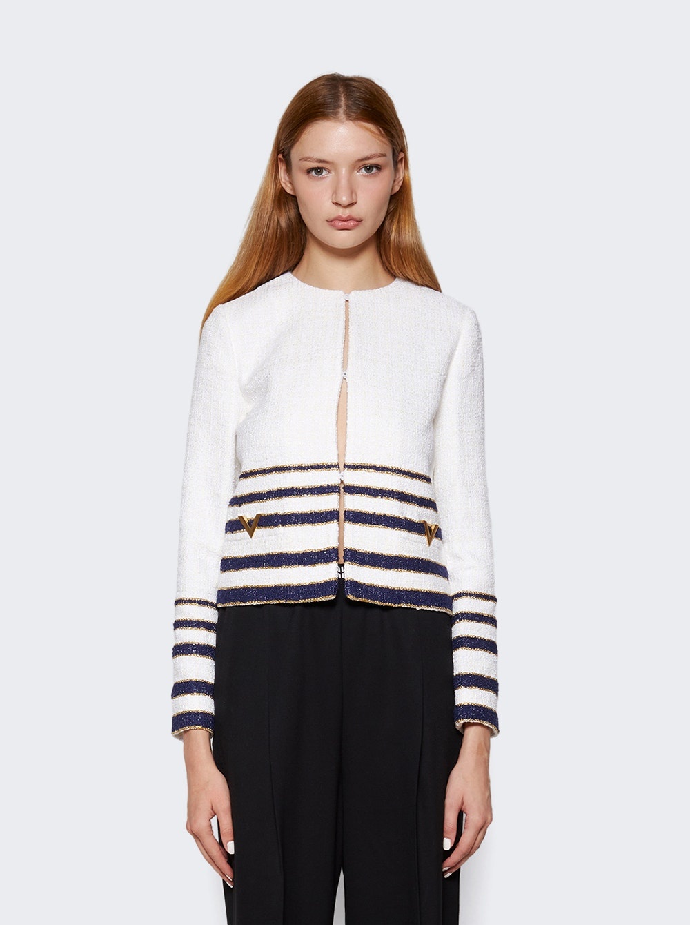 Embellished Striped Bouclé Jacket White and Navy - 3