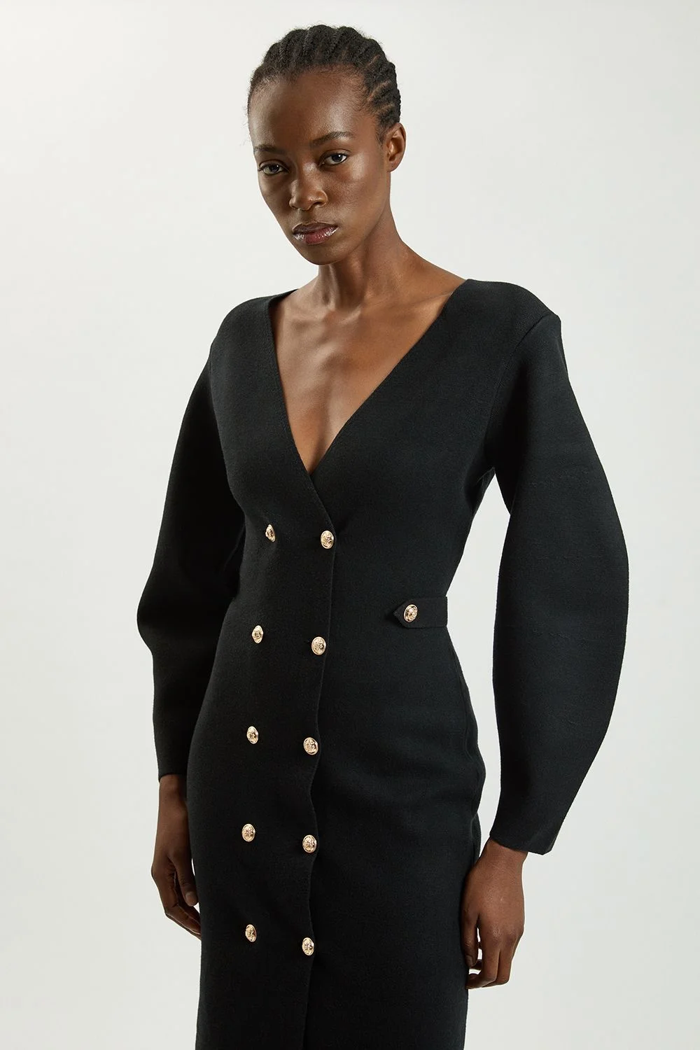 Wool Look Military Double Breasted Knitted Dress - 1