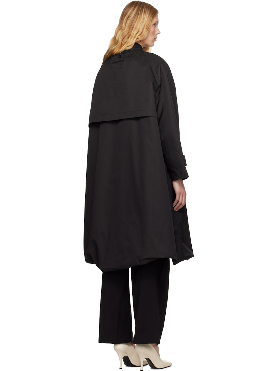 Black Balloon Shape Buttoned Trench Coat - 3