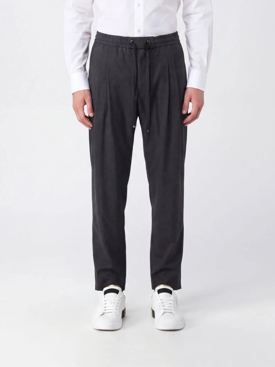 DOLCE & GABBANA Pleated Virgin Wool Jogging Trousers with Drawstring Waist - 1