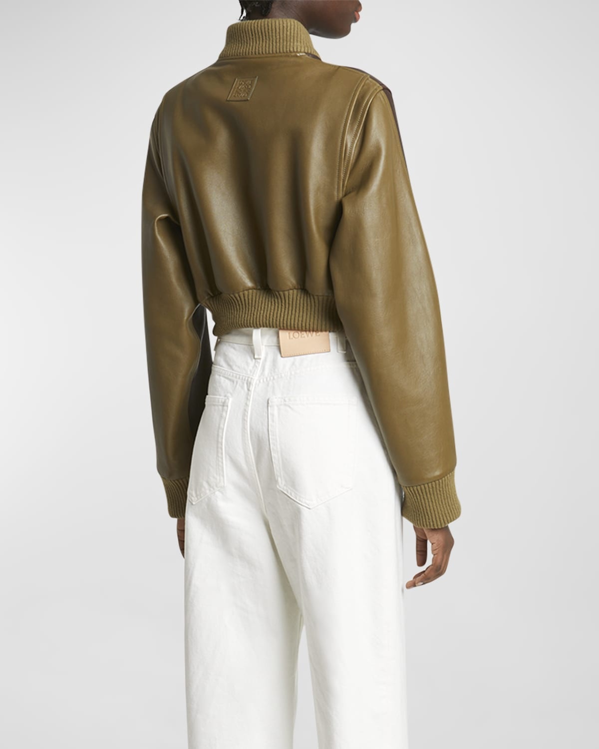 Two-Toned Leather Cropped Bomber Jacket - 6