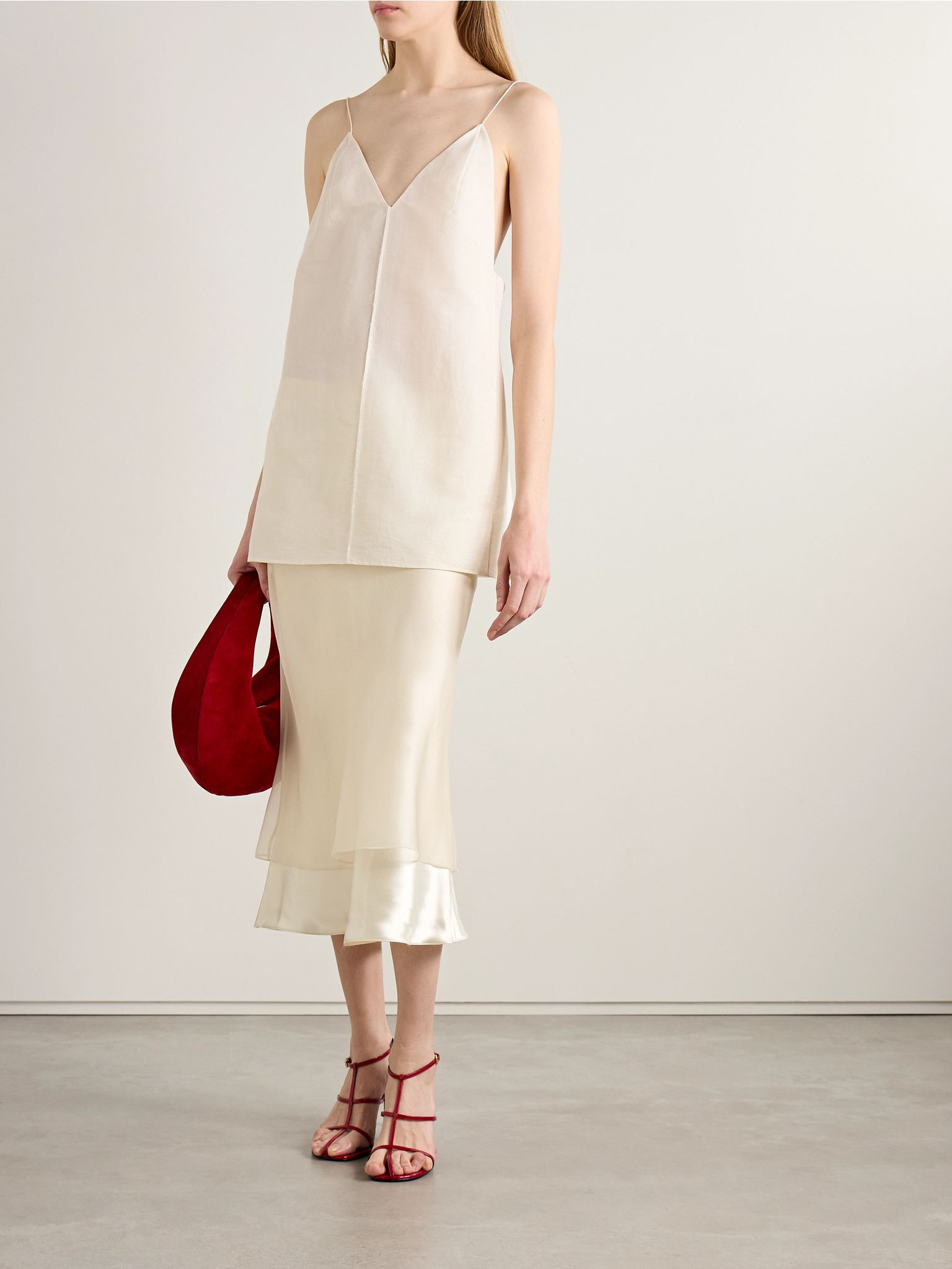 Monina layered satin and organza midi skirt Cream - 2
