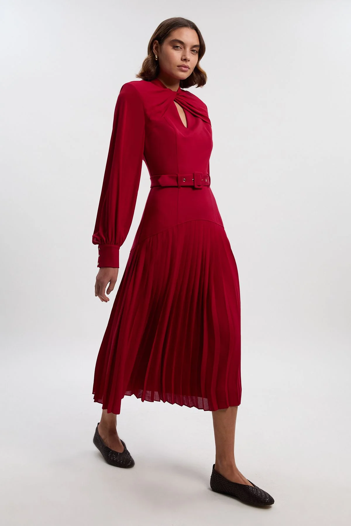 Ponte And Georgette Mix Balloon Sleeve Cut Out Detail Pleated Maxi Dress - 1