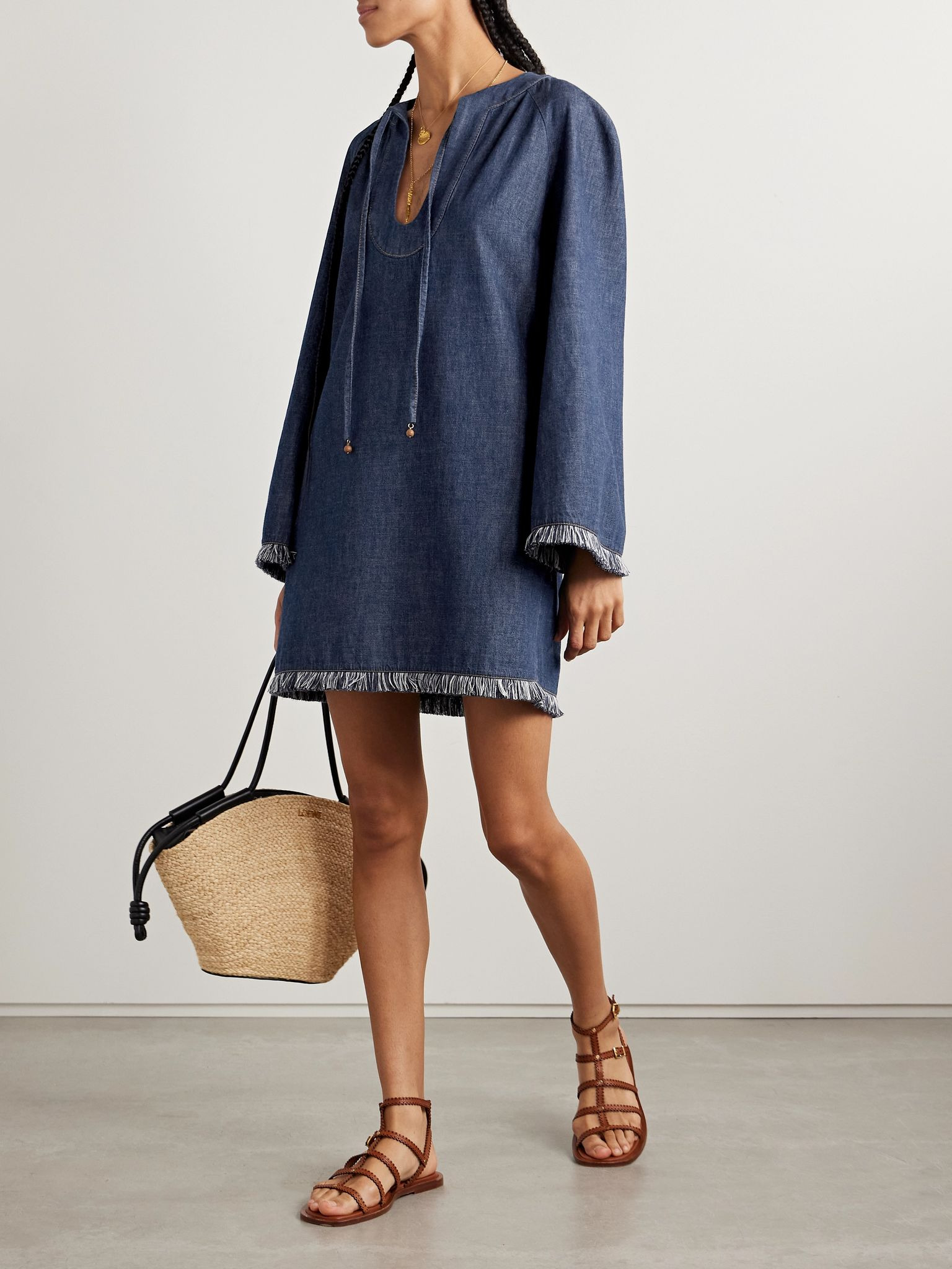 Rhiannon tie-detailed frayed denim mini dress Navy - 2