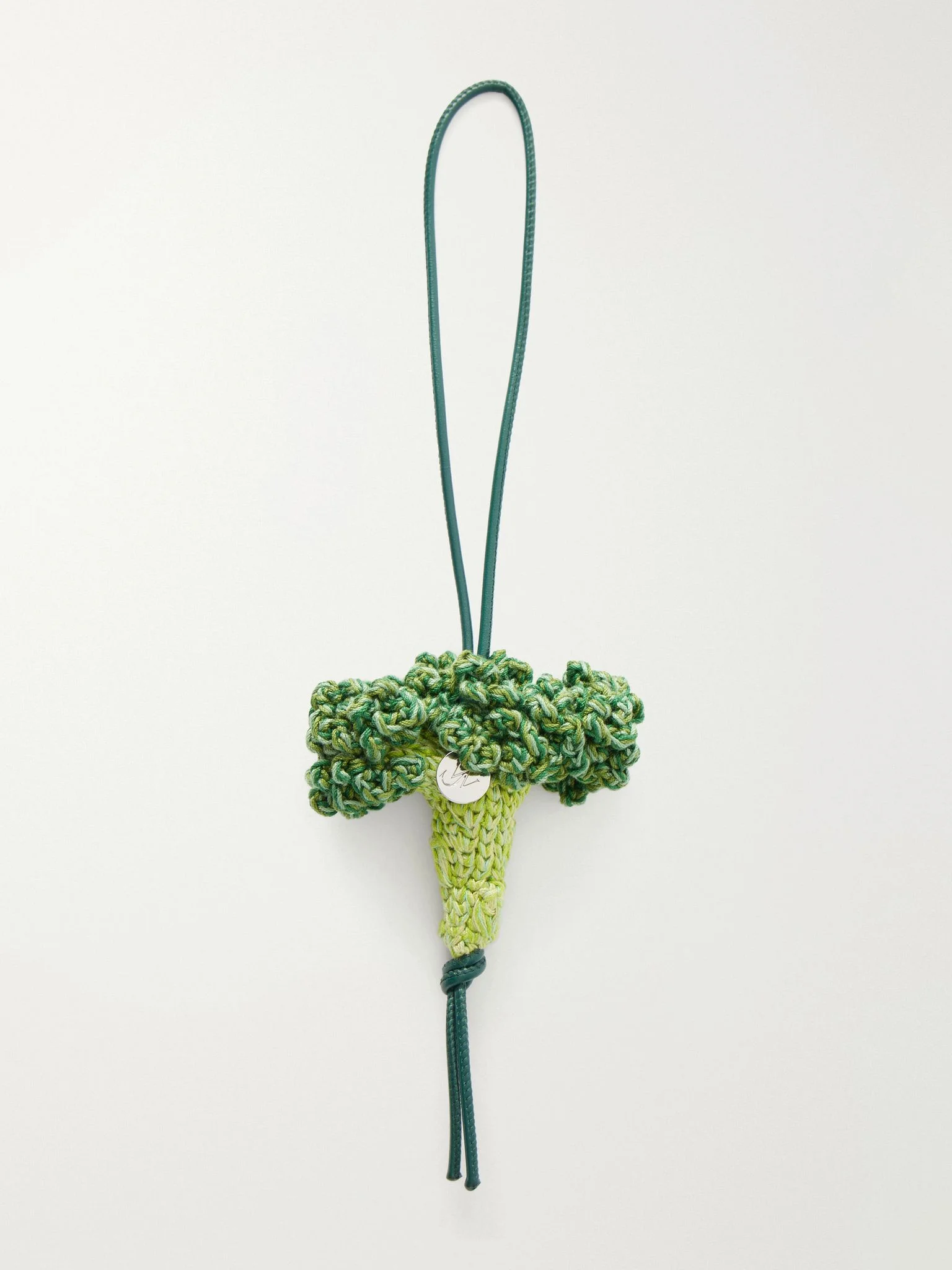 Broccoli Crocheted Cotton and Leather Bag Charm Green - 1