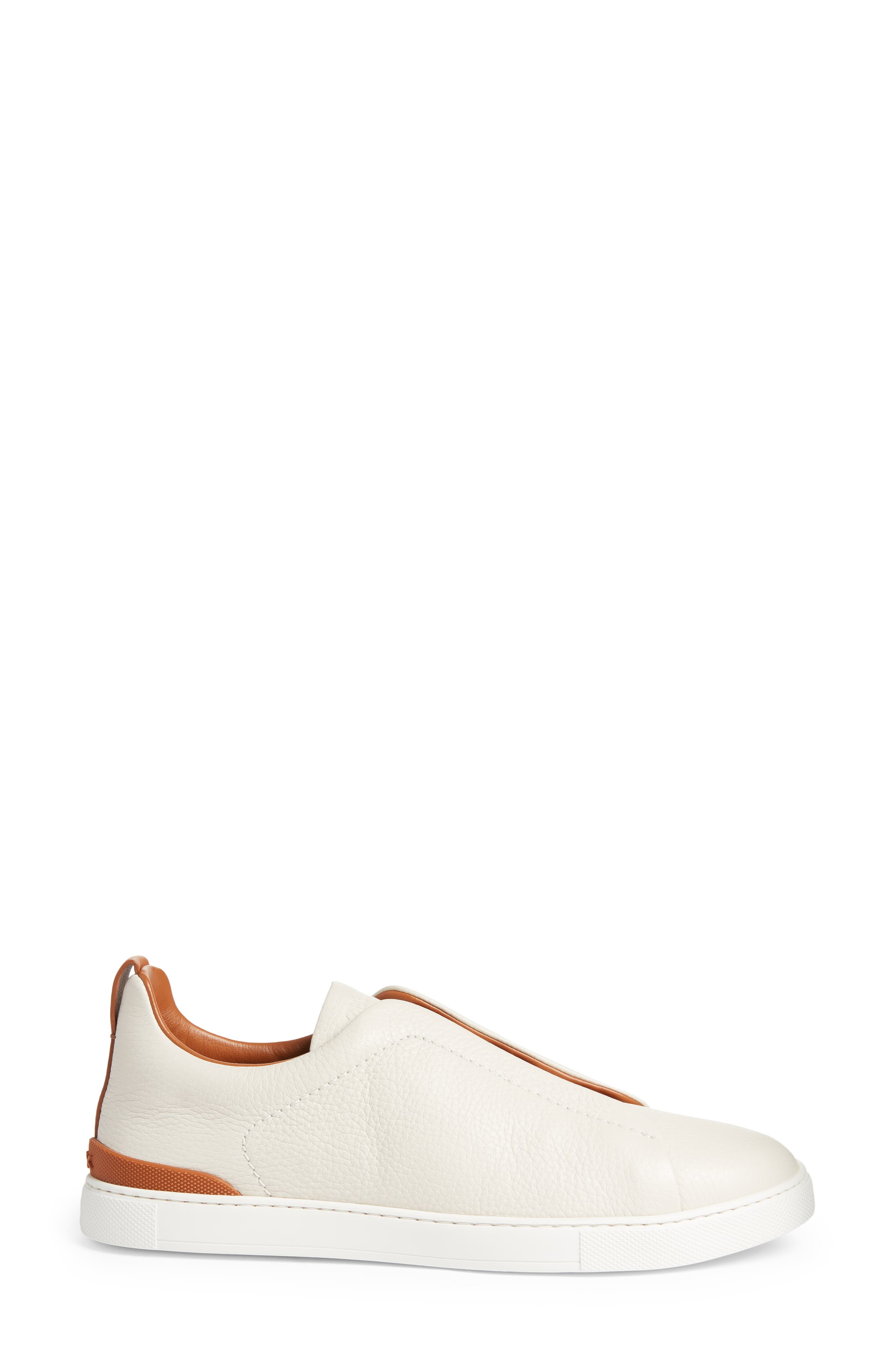ZEGNA Triple Stitch Deerskin Leather Slip-On Sneaker in White/Folliage at Nordstrom - 3