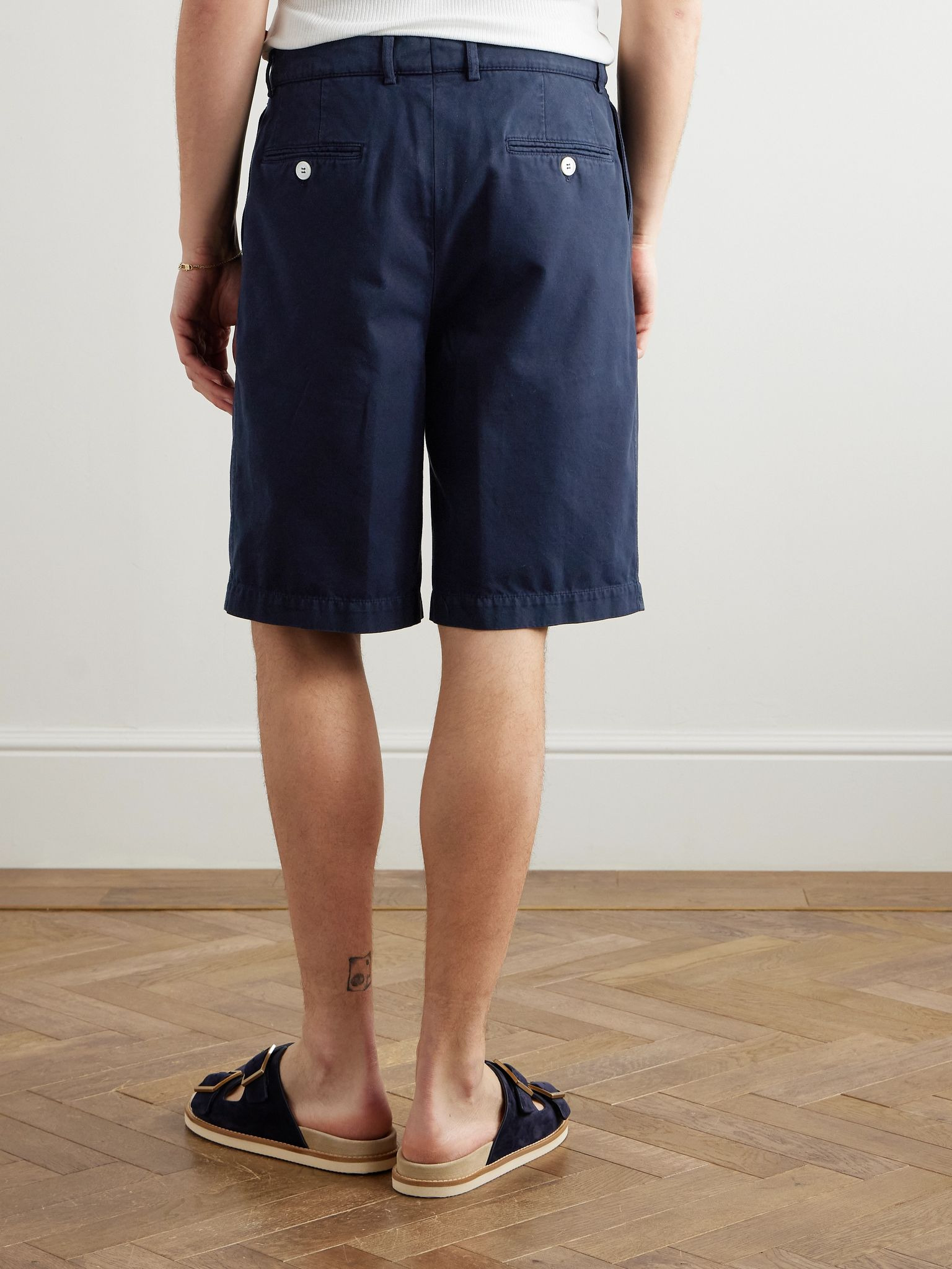 Straight-Leg Pleated Cotton-Twill Shorts Navy - 4