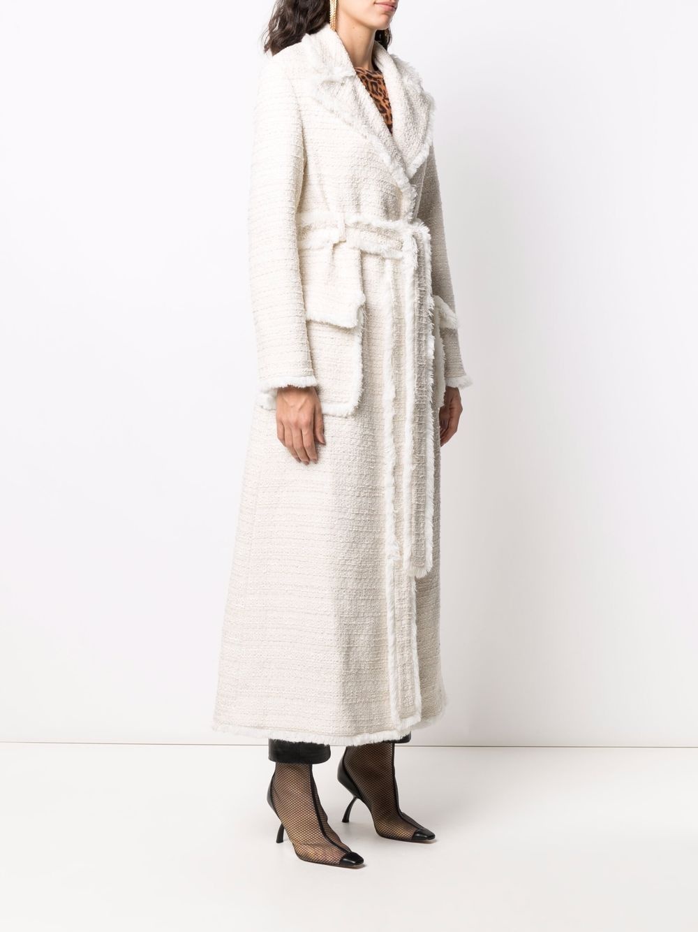 belted-waist bouclé coat - 4