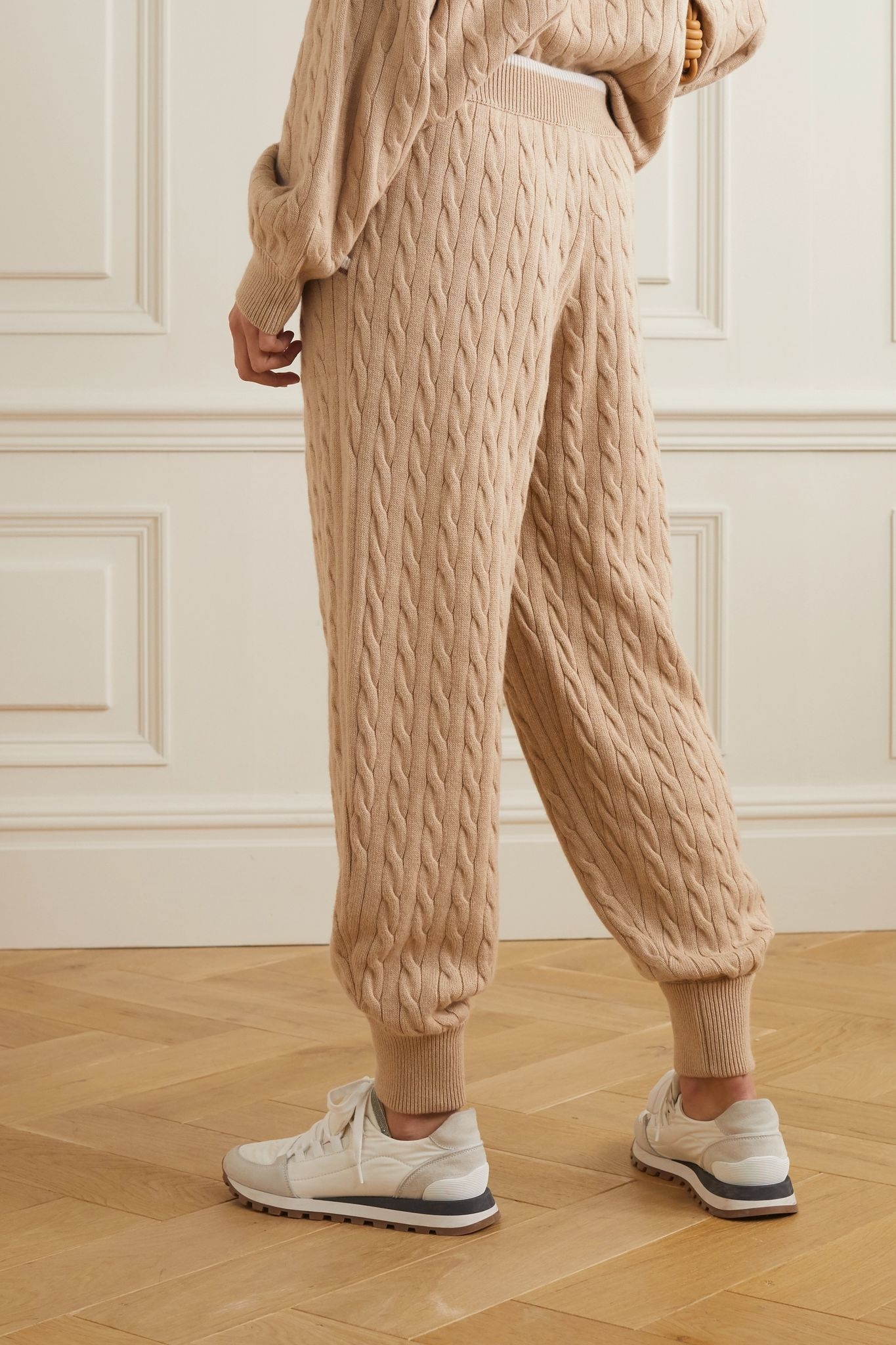 Bead-embellished cable-knit cashmere track pants  - 3