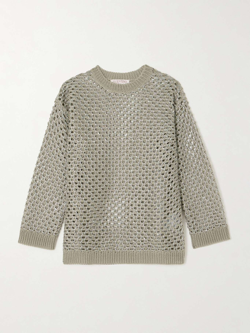 Sequin-embellished metallic open-knit linen-blend sweater 1