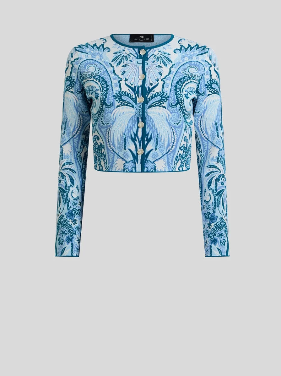JACQUARD CROPPED CARDIGAN WITH LEAFY PAISLEY MOTIF - 1