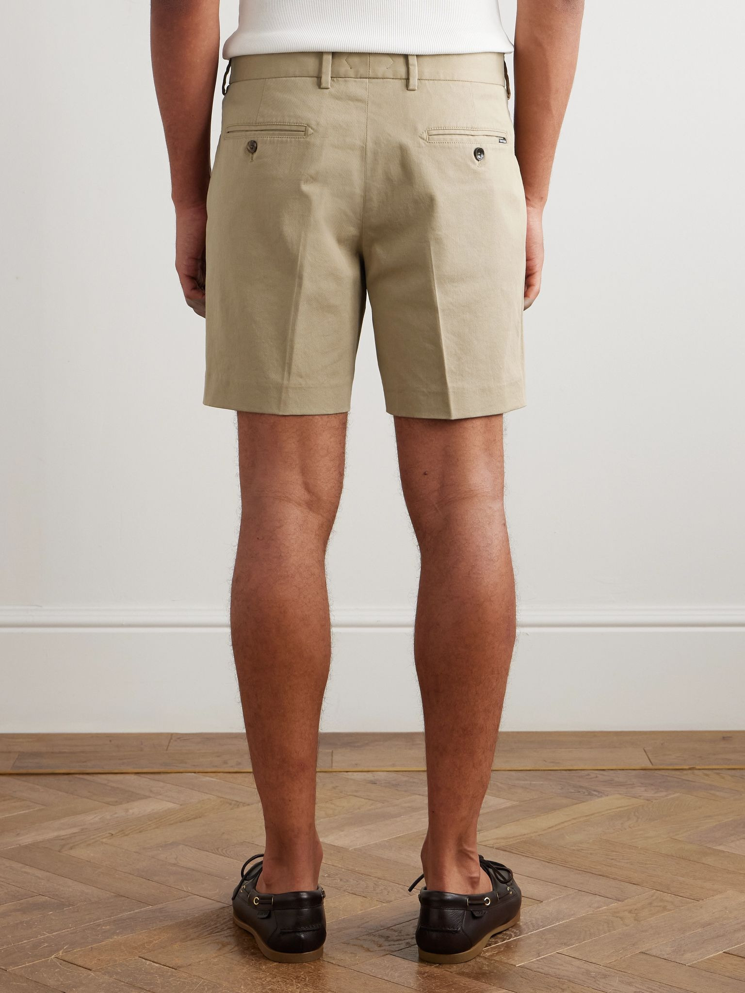 Straight-Leg Pleated Stretch-Cotton Twill Shorts Tan - 4