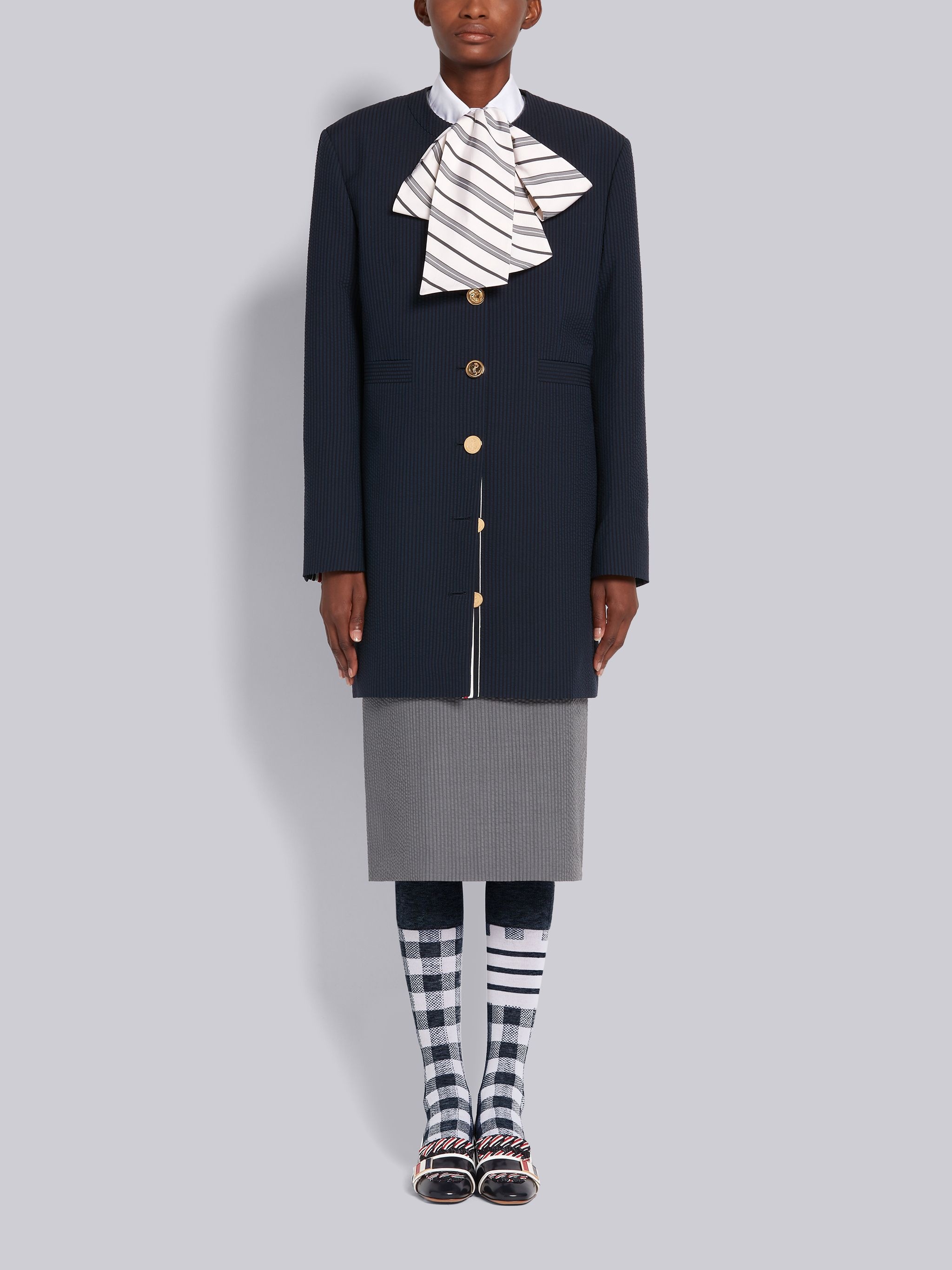 Navy Wool Seersucker Crewneck Cardigan Mini Coat - 1