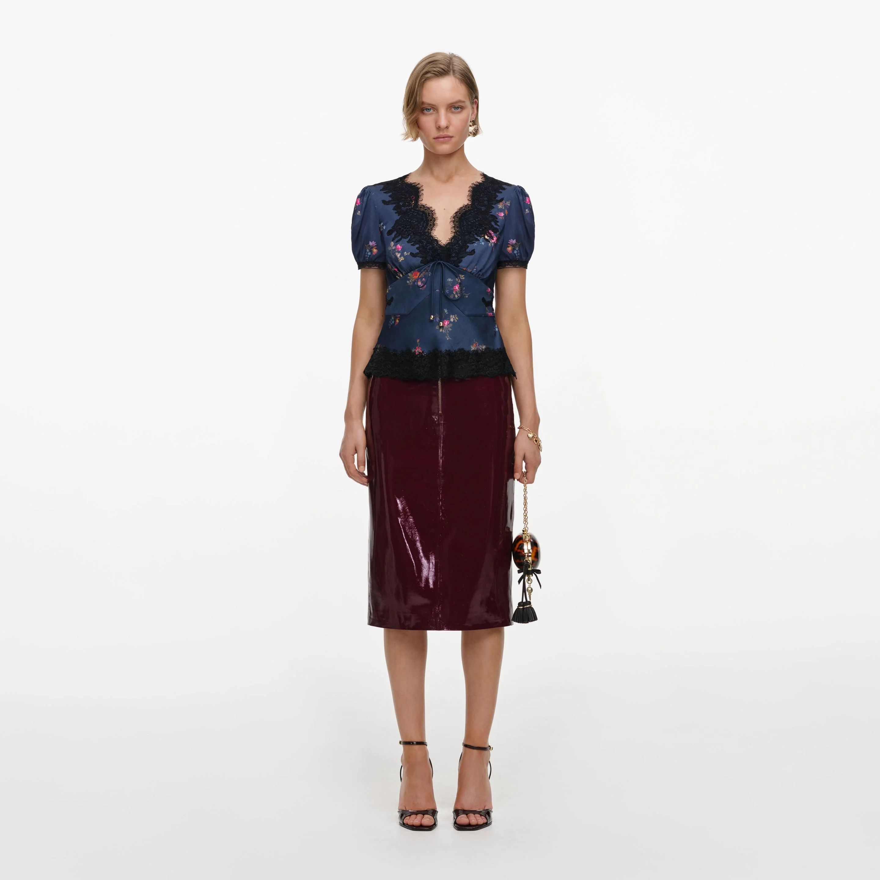 Navy Satin Printed Lace Top - 1