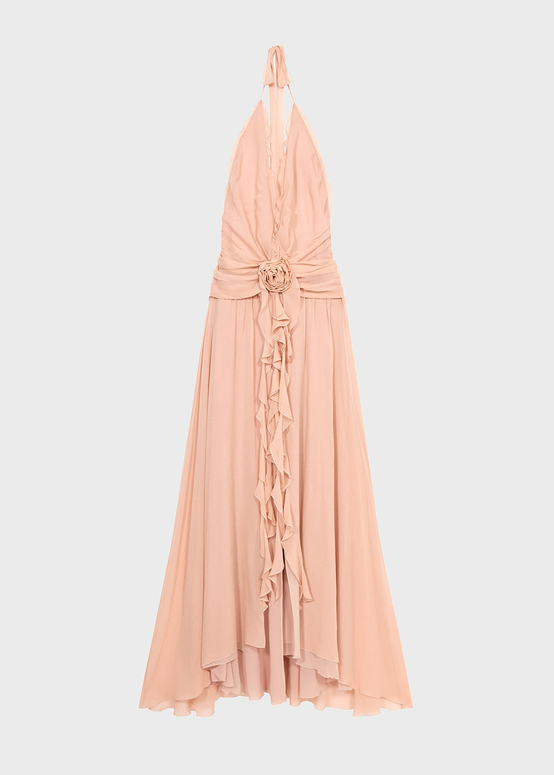 blumarine ruffled rose-detail maxi dress BLUMARINE Ruffled Silk Long Halter Dress W/rose Blumarine