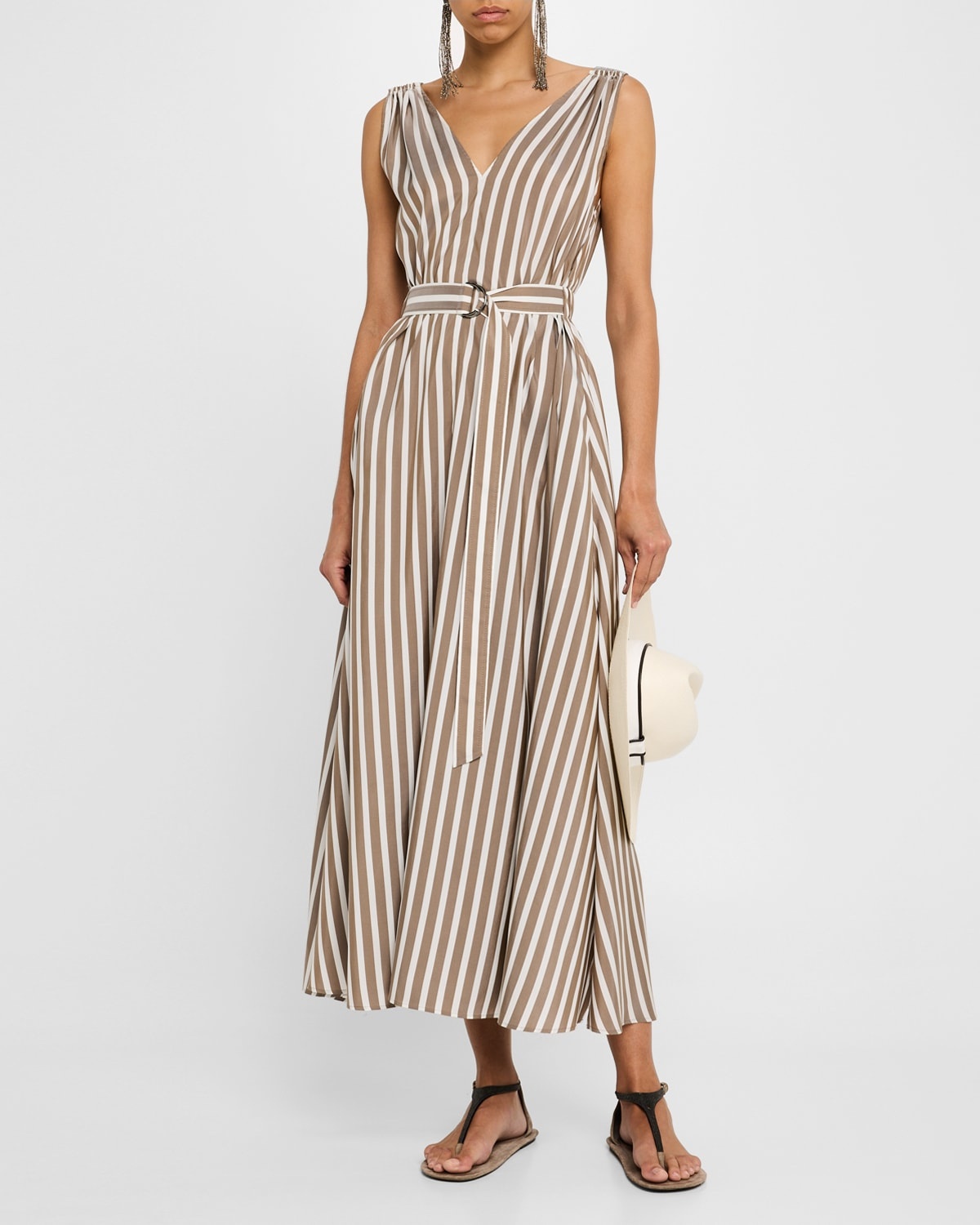Striped Sleeveless Monili-Shoulder Belted Midi Dress - 4