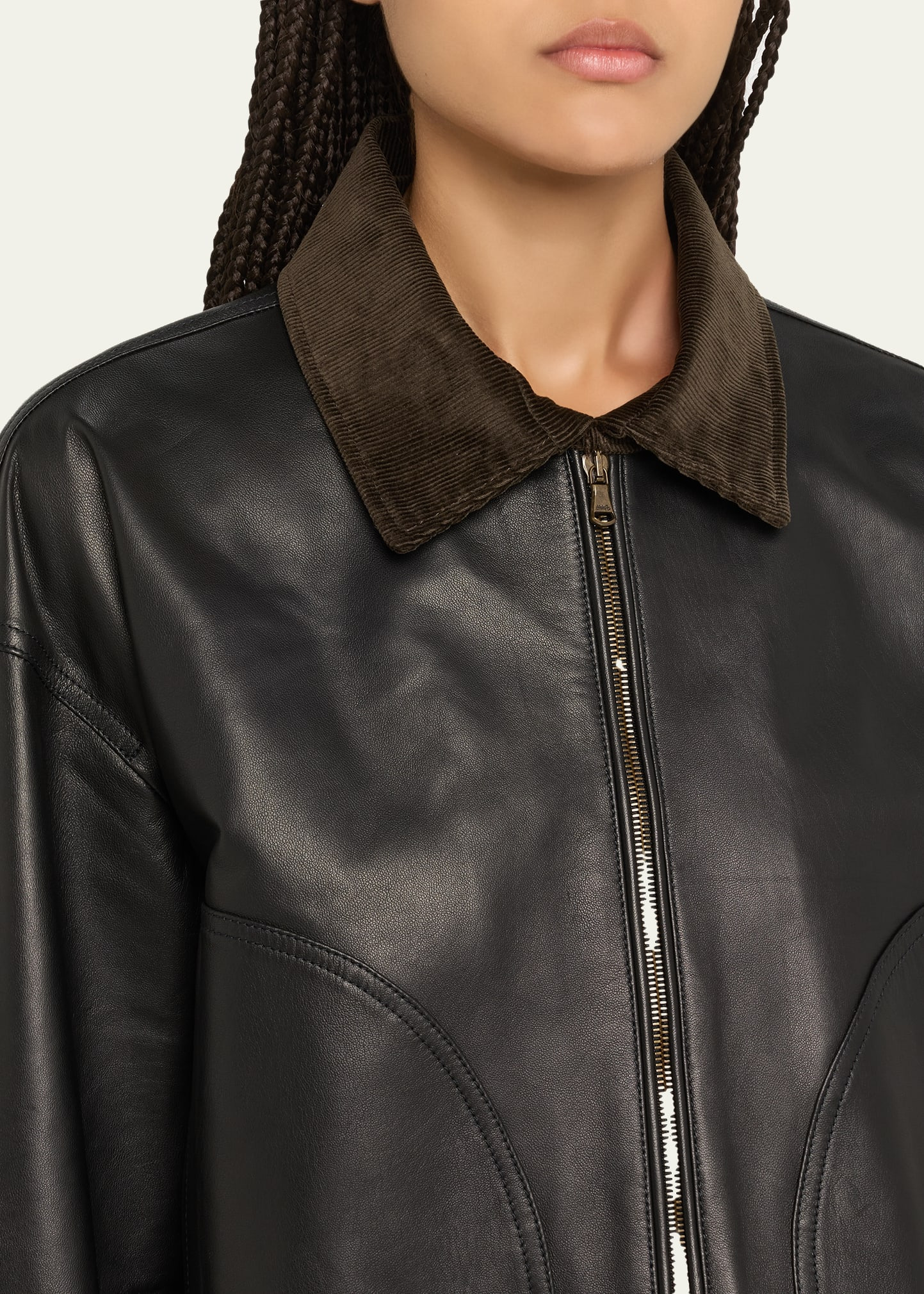 Corduroy-Collar Leather Parachute Jacket - 5